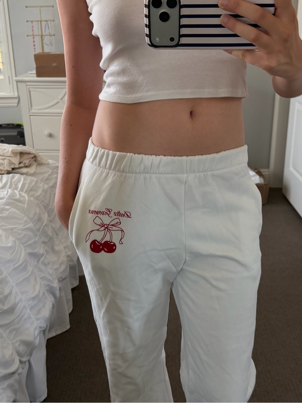 Delta Gamma white sweatpants with cherry logo